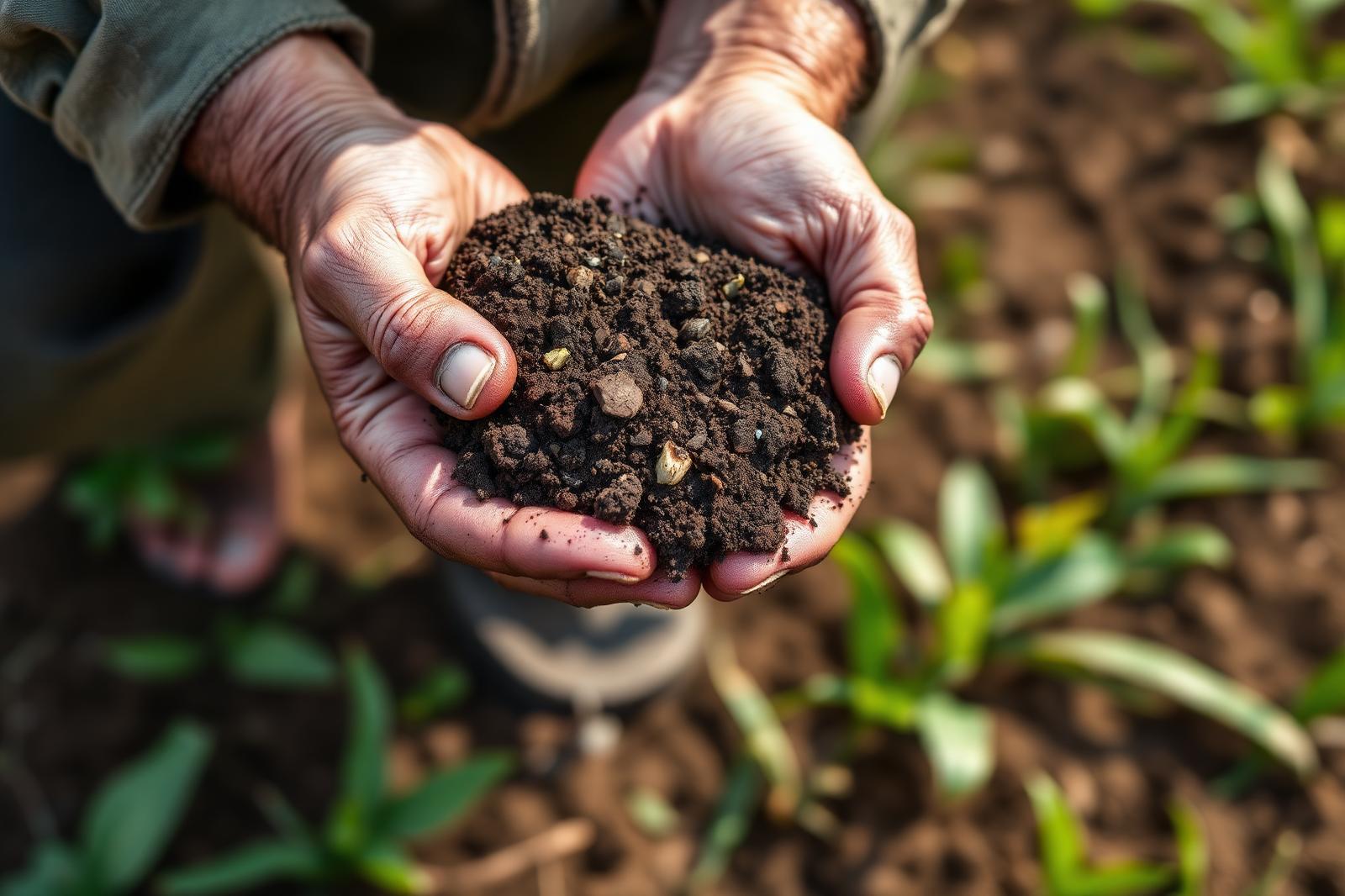 Rich soil in farmer's hands showing improved biology and root health